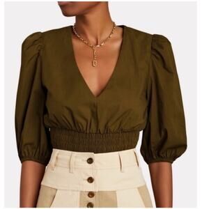 Intermix Scarlet Puff Sleeve Poplin Top Smocked Cropped Army Green Small